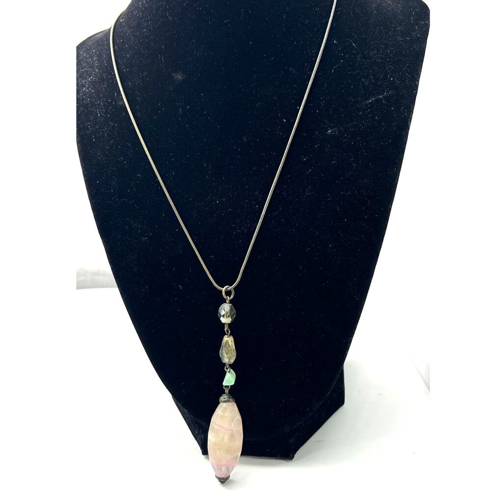 Artisan  necklace rhodochrosite bead rose quartz labradorite stones 11" Pendant